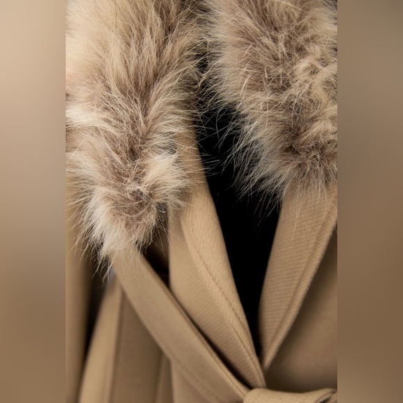 Zara coat wool blend 75% long camel belted rope trench fur collar Manteco - Picture 6 of 15